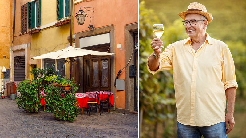 En italiensk restaurang och en man med vinglas i Italien.